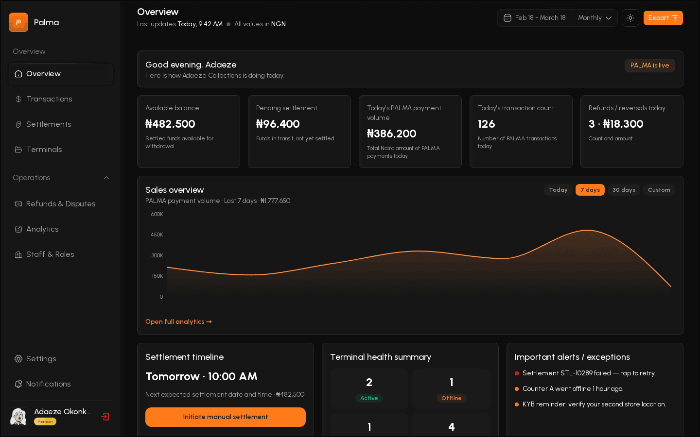 PALMA Merchant dashboard