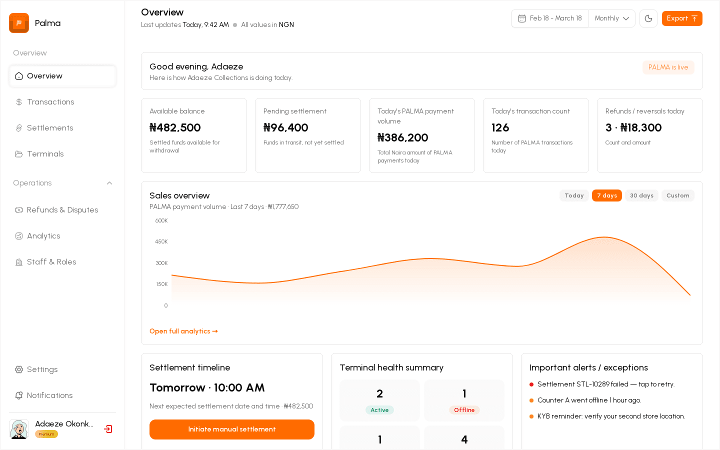 PALMA Merchant dashboard